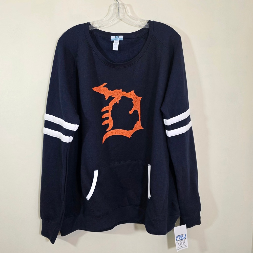 Livnfresh NWT Womens Sweatshirt Detroit Michigan Graphic Stripe Sleeve Blue 2X